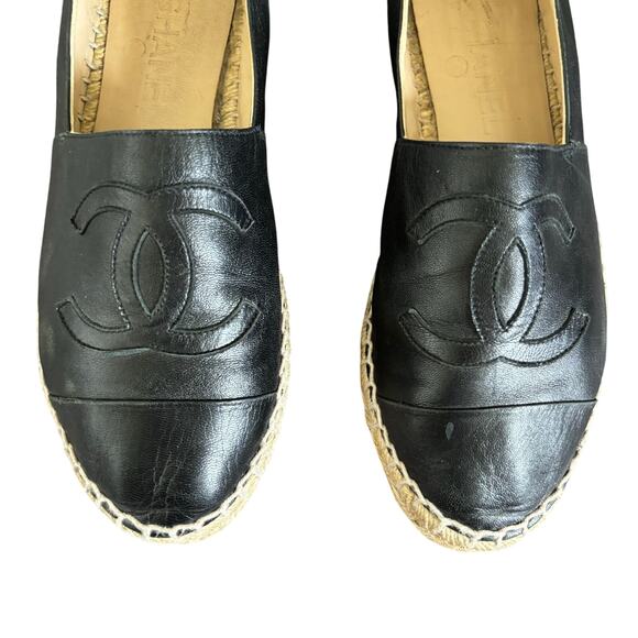 Chanel Interlocking CC Cap Toe Espadrille Shoes Black Leather Flats Size EU 38 - Picture 3 of 16